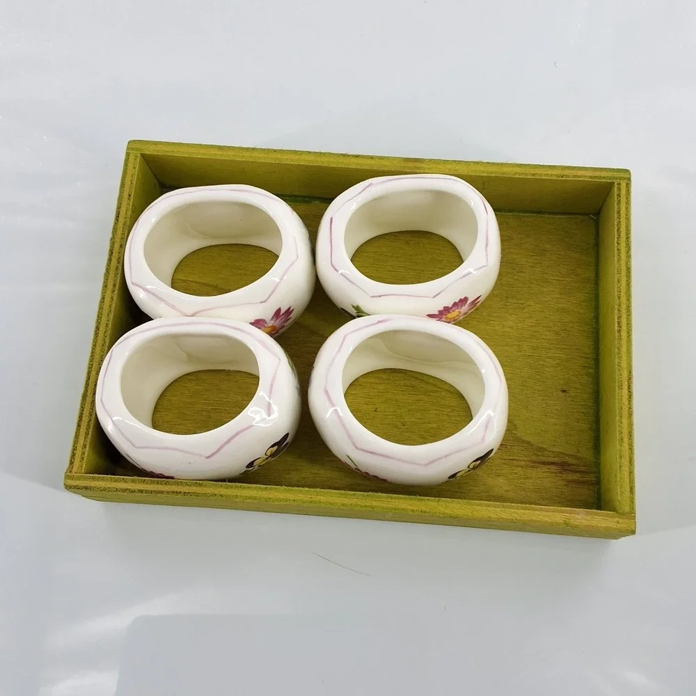 Vintage 1986 Pia Bone China Napkin Rings Set of 4 Floral with Display Tray